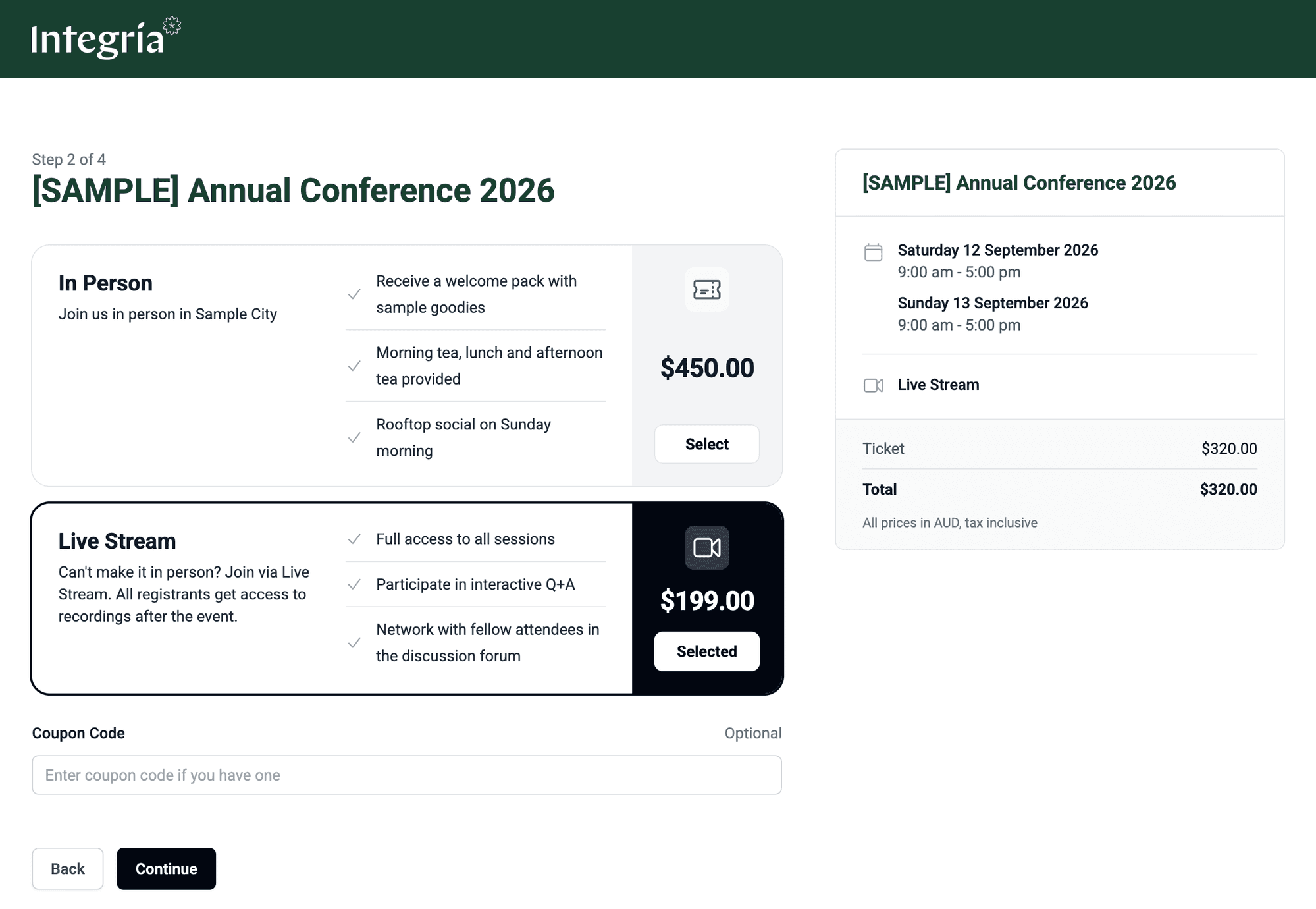 The ticket selection step of the registration flow, with in-person and live stream tickets and an order summary
