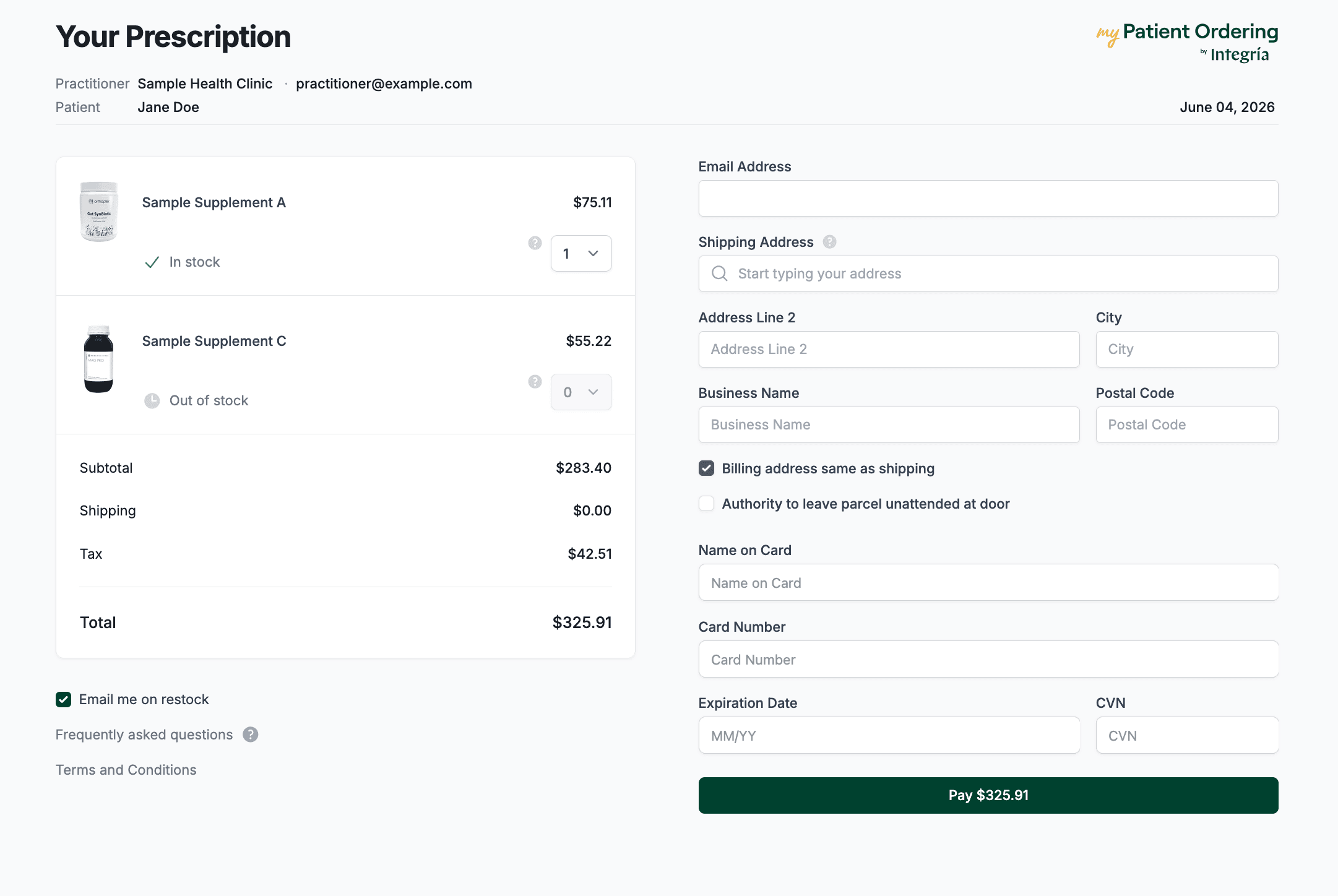 A customer's checkout with order summary, shipping and payment details