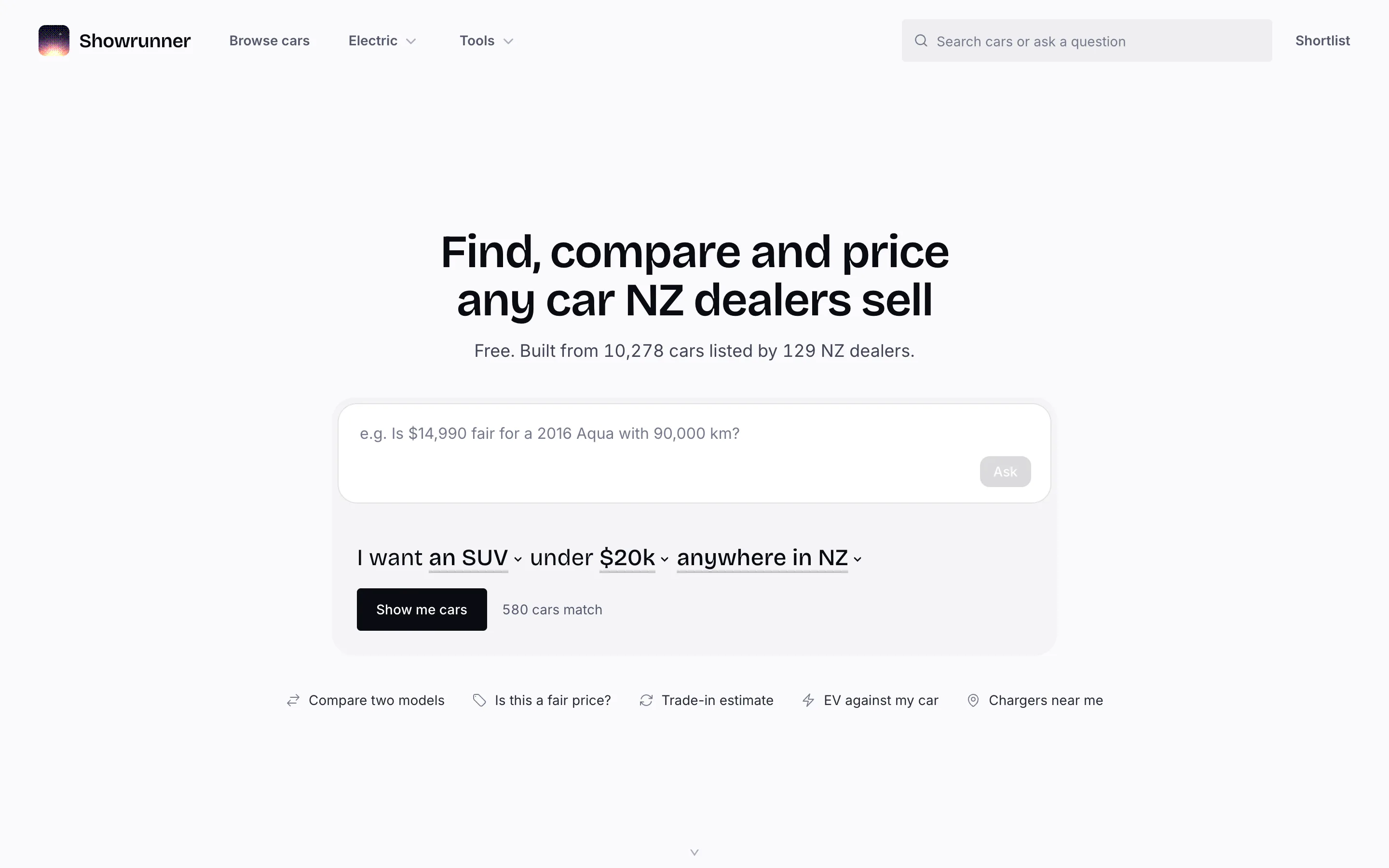 The showrunner.nz homepage: a question box, a fill-in-the-blanks car finder and shortcuts to the tools